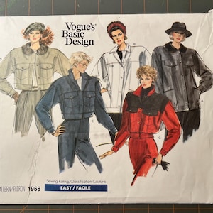 May include: A sewing pattern for four different jackets. The pattern is called "Vogue's Basic Design" and the pattern number is 1968. The jackets are all different colors and styles. The pattern is rated "Easy/Facile".