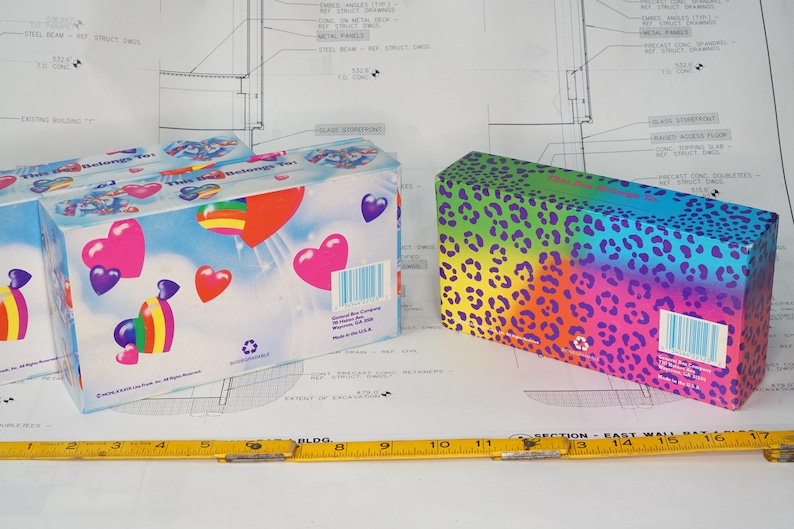 May include: Two rectangular cardboard boxes with a yellow measuring tape showing a length of 17 inches. One box features a blue sky background with colorful hearts and the text This Box Belongs To. The other box has a rainbow leopard print pattern.