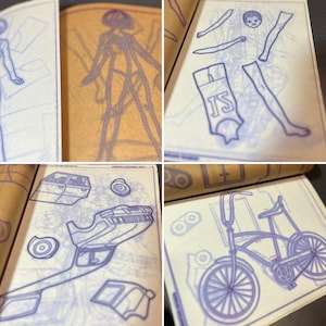 May include: A vintage paper doll book with blue line drawings of a person, a bicycle, and a car. The pages are brown and have a worn look.