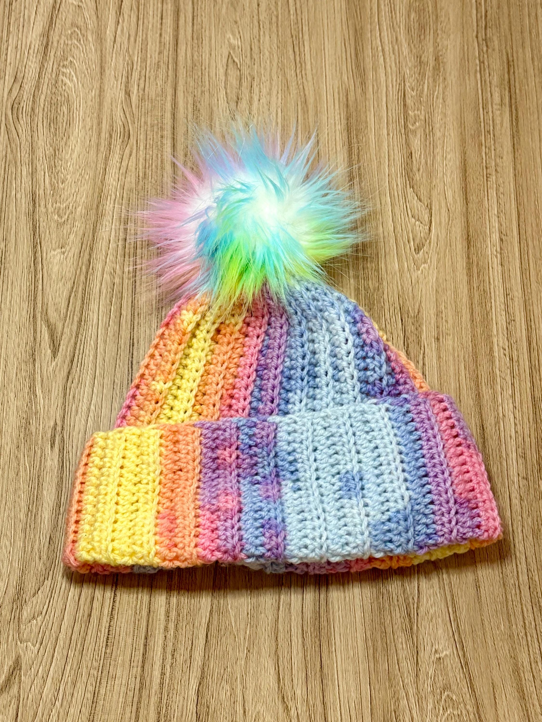 Adult Rainbow Pryde Hand Crochet Pom Beanie - Multicolor One Size Free Easy Caron Crochet Prismatic Hat Pattern | Yarnspirations main image 4