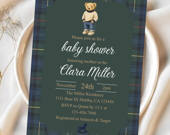 Plaid Teddy Bear Baby Shower Invitation |  Preppy Classic Equestrian Baby Sprinkle Template Invite