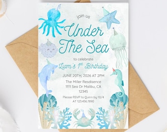 Colorful Ocean Sea Creatures Party Invitation | Under The Sea Theme | Editable Canva Template | Boy Birthday