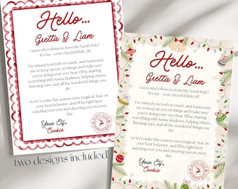 Op de afbeelding: Twee kerstbrieven met rood-witte decoratieve randen. De brieven zijn geadresseerd aan Gretta & Liam, ondertekend door hun elf Cookie, en bevatten feestelijke illustraties en tekst. De zin "two designs included!" is ook zichtbaar.