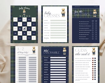 Plaid Teddy Bear Baby Shower Games Printable Bundle | Vintage Preppy Equestrian | Classic Navy & Green Theme | Editable
