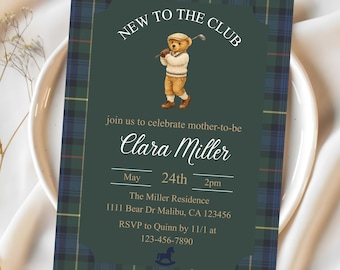 Polo Plaid Golf Teddy Bear Baby Shower Invitation |  Classic Equestrian Baby Sprinkle Template Invite