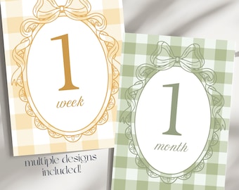 Gingham Baby Monthly Milestone Printable Cards | Butter Yellow, Sage Green |  Gender Neutral Signs, Instant Download |