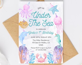 Colorful Ocean Sea Creatures Party Invitation | Under The Sea Theme | Editable Canva Template | Girl Birthday