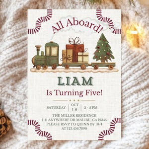 Bearbeitbare Weihnachtszug-Geburtstagseinladung | Urlaub Party einladen | Kinder Geburtstag Vorlage | Benutzerdefiniertes Alter | 2 Rücken Designs
