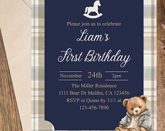 Invitación de cumpleaños clásica estilo preppy con osito de peluche y motivos ecuestres / Invitación de cumpleaños infantil / Plantilla de cumpleaños / Invitación personalizable con edad editable