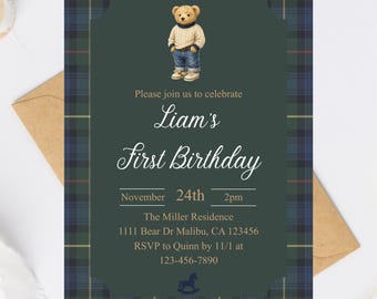 Invitación de cumpleaños de osito de peluche / Invitación de fiesta infantil clásica de osito de peluche estilo polo preppy / Plantilla a cuadros preppy / Cumpleaños con temática de osito de peluche
