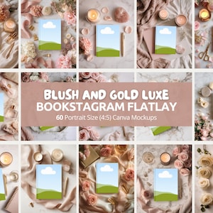 Puede incluir: Una colección de maquetas de diseño plano con cuadernos con diseño de paisaje, velas, flores y objetos decorativos. Se muestra el texto "BLUSH AND GOLD LUXE BOOKSTAGRAM FLATLAY". Las maquetas son para 60 proyectos de Canva en formato vertical.
