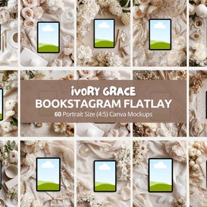 Könnte beinhalten: Ein Flatlay mit mehreren digitalen Tablets, die eine Landschaftsgrafik zeigen, umgeben von weißen Blumen, Stoff und dekorativen Elementen. Der Text "IVORY GRACE BOOKSTAGRAM FLATLAY" ist zu sehen.