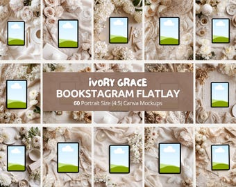 Ivory Grace Bookstagram Flatlay | Soft Bookish Tablet & iPad Mockups Neutral Ebook Canva Template for Author Book Cover Display Collection