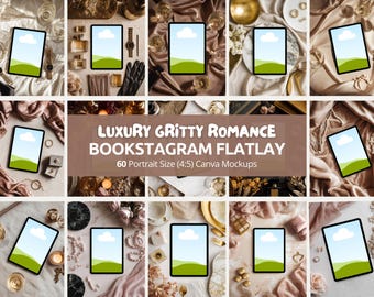 Könnte beinhalten: Eine Sammlung von Flatlay-Mockups mit Tablets im Querformat, umgeben von Luxusartikeln wie Uhren, Schmuck und Parfüm. Der Text lautet "LUXURY GRITTY ROMANCE BOOKSTAGRAM FLATLAY".