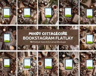 May include: A collection of moody cottagecore bookstagram flatlay mockups. The image features multiple tablet mockups with a green and blue sky background, surrounded by books, flowers, candles, and coffee cups. The text on the image says "Moody Cottagecore Bookstagram Flatlay".