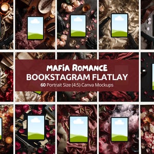 Op de afbeelding: Een verzameling van 12 mockups met een Mafia Romance-thema. Elke mockup toont een tablet met een leeg scherm, omringd door rekwisieten zoals rozen, kaarsen en wapens. De tekst "Mafia Romance Bookstagram Flatlay" wordt weergegeven.