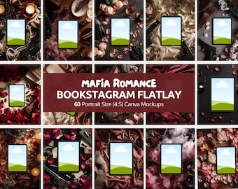 Könnte beinhalten: Eine Sammlung von 12 Mockups mit dem Thema Mafia-Romanze. Jedes Mockup zeigt ein Tablet mit leerem Bildschirm, umgeben von Requisiten wie Rosen, Kerzen und Waffen. Der Text "Mafia Romance Bookstagram Flatlay" wird angezeigt.