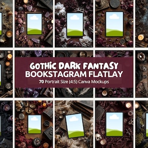 Może przedstawiać: Kolekcja makiet w mrocznym, gotyckim stylu fantasy. Obraz przedstawia wiele ramek w kształcie tabletu z krajobrazem, otoczonych gotyckimi elementami, takimi jak świece, kryształy i książki. Tekst brzmi "GOTHIC DARK FANTASY BOOKSTAGRAM FLATLAY".