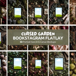 May include: A selection of digital mockups with tablets displaying a sky and landscape design. The tablets are set amongst floral arrangements, scissors, and other decorative items. The text reads "Cursed Garden Bookstagram Flatlay".