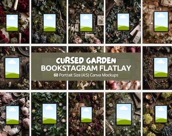 May include: A collection of styled digital mockups featuring tablets with a sky and landscape design. The tablets are surrounded by floral arrangements, scissors, and other decorative elements. The text reads "Cursed Garden Bookstagram Flatlay".
