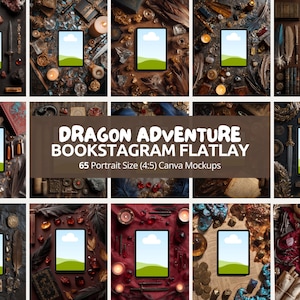 May include: A collection of styled flatlay mockups with a fantasy theme. Each mockup features a tablet with a blank screen, surrounded by decorative items like crystals, feathers, and candles. The text "DRAGON ADVENTURE BOOKSTAGRAM FLATLAY" is displayed.