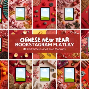May include: A collection of Chinese New Year-themed flatlay mockups. Each mockup features a tablet with a landscape image, surrounded by festive decorations like fans, oranges, and flowers. The text "CHINESE NEW YEAR BOOKSTAGRAM FLATLAY" is displayed.