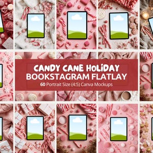 May include: A collection of mockups featuring tablets with blank screens, surrounded by holiday-themed decorations. Candy canes, sweets, and gifts in various arrangements create a festive backdrop. The text "CANDY CANE HOLIDAY BOOKSTAGRAM FLATLAY" is visible.
