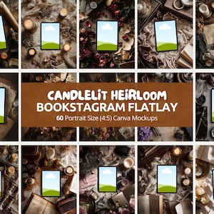 Puede incluir: Una colección de maquetas de diseño plano con tabletas con pantalla horizontal, rodeadas de velas, libros y elementos decorativos. El texto dice "CANDLELIT HEIRLOOM BOOKSTAGRAM FLATLAY" y "60 Portrait Size (4:5) Canva Mockups".
