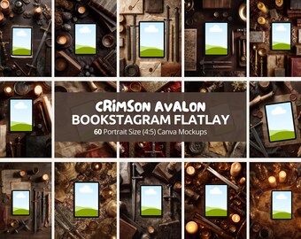 Puede incluir: Una colección de maquetas de diseño plano con tabletas que muestran un paisaje verde en la pantalla, rodeadas de libros antiguos, espadas, velas y pergamino. Se muestra el texto "Crimson Avalon Bookstagram Flatlay".
