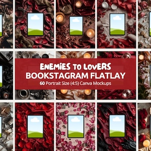 May include: A collection of 12 mockups for bookstagram flatlays. Each mockup features a tablet with a blank screen, surrounded by various decorative elements like candles, flowers, and fabric. The text "ENEMIES TO LOVERS BOOKSTAGRAM FLATLAY" is displayed.