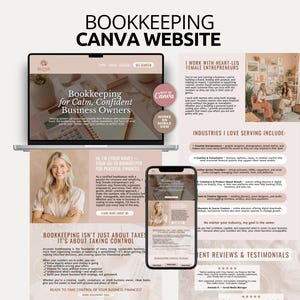 May include: A digital bookkeeping website template for Canva displayed on a laptop and smartphone screen. The design features a soft beige color palette, professional typography, and sections for service descriptions, testimonials, and business owner information.