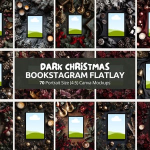Puede incluir: Diez maquetas de tabletas con un fondo de cielo y hierba, rodeadas de decoraciones navideñas. La imagen incluye el texto "DARK CHRISTMAS BOOKSTAGRAM FLATLAY" y "70 Portrait Size (4:5) Canva Mockups".