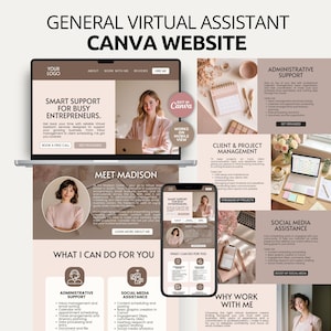 May include: A digital template for a general virtual assistant website, featuring a neutral beige and brown color palette. The layout includes sections for administrative support, client management, and social media assistance, with text and imagery.
