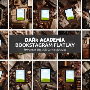 Può includere: Una collezione di mockup flatlay a tema dark academia. Ogni scena presenta un tablet con sfondo cielo ed erba, circondato da libri, cancelleria e oggetti vintage. Il testo recita "DARK ACADEMIA BOOKSTAGRAM FLATLAY".