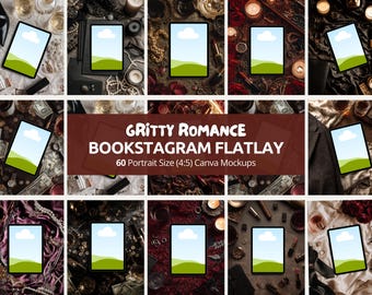 Könnte beinhalten: Eine Sammlung von Flatlay-Mockups mit Tablets mit grün-blauem Bildschirm, umgeben von verschiedenen Objekten wie Schmuck, Kerzen und Geld. Der Text "Gritty Romance Bookstagram Flatlay" ist zu sehen.