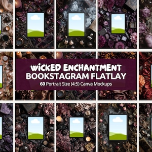 Pode incluir: Dez mockups digitais com um tema sombrio e atmosférico. Cada mockup apresenta um tablet com uma imagem de paisagem, rodeado por velas, flores e objetos decorativos. O texto na imagem diz "Wicked Enchantment Bookstagram Flatlay".