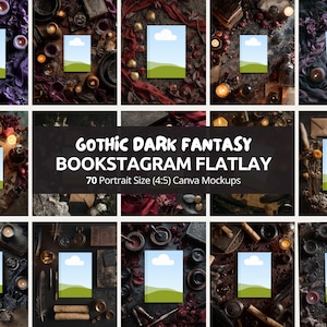 May include: A series of dark, gothic-themed flat lay mockups. Each mockup displays a rectangular space with a sky and grass design, surrounded by props such as candles, books, and decorative items. The text "GOTHIC DARK FANTASY BOOKSTAGRAM FLATLAY" is visible.
