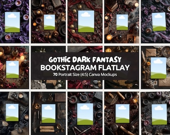 Mockups voor gotische donkere fantasieboeken | Moody Bookish Bookstagram Flatlay-bundel Witchy Occult Canva-sjabloonset voor auteurs en schrijvers