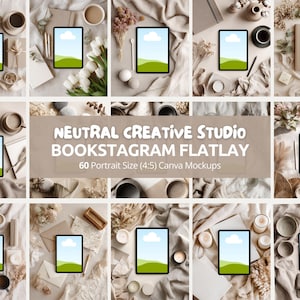 Neutral Creative Studio Bookstagram Flatlay | Mjuka bokliga surfplatte- och iPad-mockups Minimal Canva-mall för författarens bokomslagsdisplay