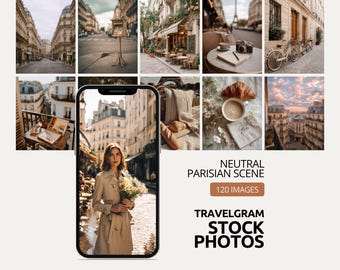 May include: A collage of Parisian scenes, including street views, cafes, and a woman holding flowers. The text "NEUTRAL PARISIAN SCENE" and "120 IMAGES" are displayed, along with "TRAVELGRAM STOCK PHOTOS". The images evoke a travel and lifestyle theme.