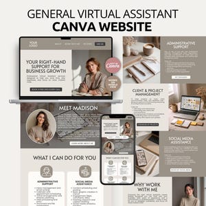 Könnte beinhalten: Eine digitale Vorlage für eine allgemeine virtuelle Assistenten-Canva-Website mit Laptop- und Smartphone-Anzeige. Das Layout enthält Abschnitte für administrative Unterstützung, Projektmanagement und Social-Media-Assistenz in neutralen Beigetönen.
