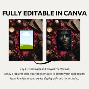 Romantic gothic Canva tablet mockup surrounded by red roses, quills, and dark academia desk props for writers