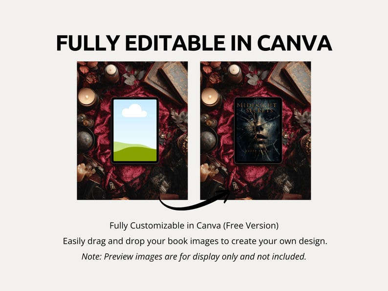 Romantic gothic Canva tablet mockup surrounded by red roses, quills, and dark academia desk props for writers