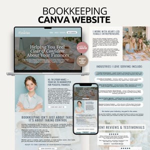May include: A digital bookkeeping website template for Canva featuring a laptop and smartphone display. The layout includes sections for service descriptions, client testimonials, and professional branding text in a soft blue and white color palette.