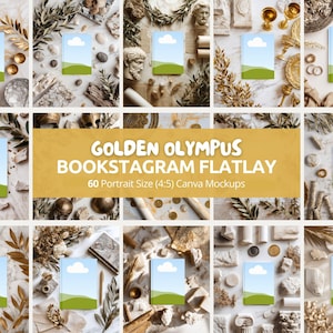 May include: A collection of 12 styled mockups with a golden and marble theme. Each mockup features a book cover with a sky and grass design, surrounded by decorative elements like leaves, statues, and coins. Text on the image reads "GOLDEN OLYMPUS BOOKSTAGRAM FLATLAY".
