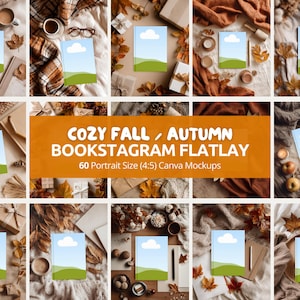 May include: A collection of flatlay mockups with a cozy fall theme. Each mockup features a book with a blue sky and green landscape design, surrounded by autumn leaves, coffee, and other seasonal elements.