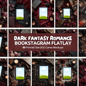 Könnte beinhalten: Ein Flatlay-Arrangement mit mehreren Tablets, die jeweils eine Landschaft zeigen, umgeben von dunkelroten Rosen, Kerzen, Schlüsseln und alten Büchern. Der Text "DARK FANTASY ROMANCE BOOKSTAGRAM FLATLAY" ist sichtbar.