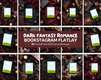 Könnte beinhalten: Ein Flatlay-Arrangement mit mehreren Tablets, die jeweils eine Landschaft zeigen, umgeben von dunkelroten Rosen, Kerzen, Schlüsseln und alten Büchern. Der Text "DARK FANTASY ROMANCE BOOKSTAGRAM FLATLAY" ist sichtbar.