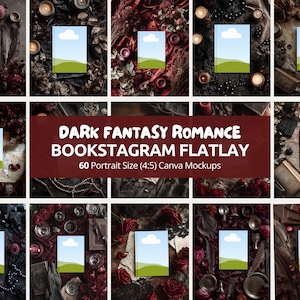 May include: A collection of dark, moody flat lay mockups for bookstagram. The images feature various props like candles, roses, and books, with a portrait-style template for showcasing book covers. The text in the image reads "DARK FANTASY ROMANCE BOOKSTAGRAM FLATLAY".