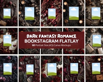 Könnte beinhalten: Eine Sammlung dunkler, stimmungsvoller Flatlay-Mockups für Bookstagram. Die Bilder zeigen verschiedene Requisiten wie Kerzen, Rosen und Bücher, mit einer Vorlage im Hochformat zur Präsentation von Buchcovern. Der Text im Bild lautet "DARK FANTASY ROMANCE BOOKSTAGRAM FLATLAY".